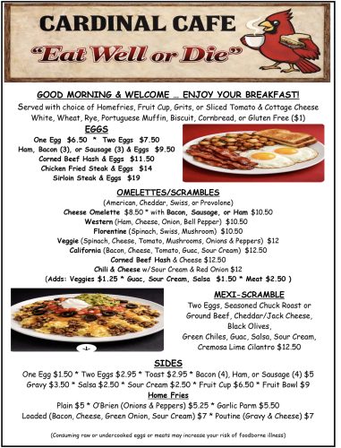 Cardinal Cafe Breakfast Menu page 1